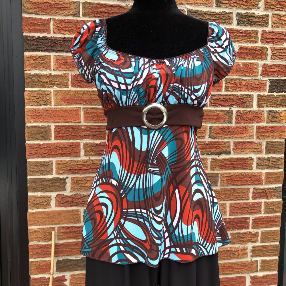 Heart Soul Y2K Abstract Print Tunic Top Boho Retro Blouse